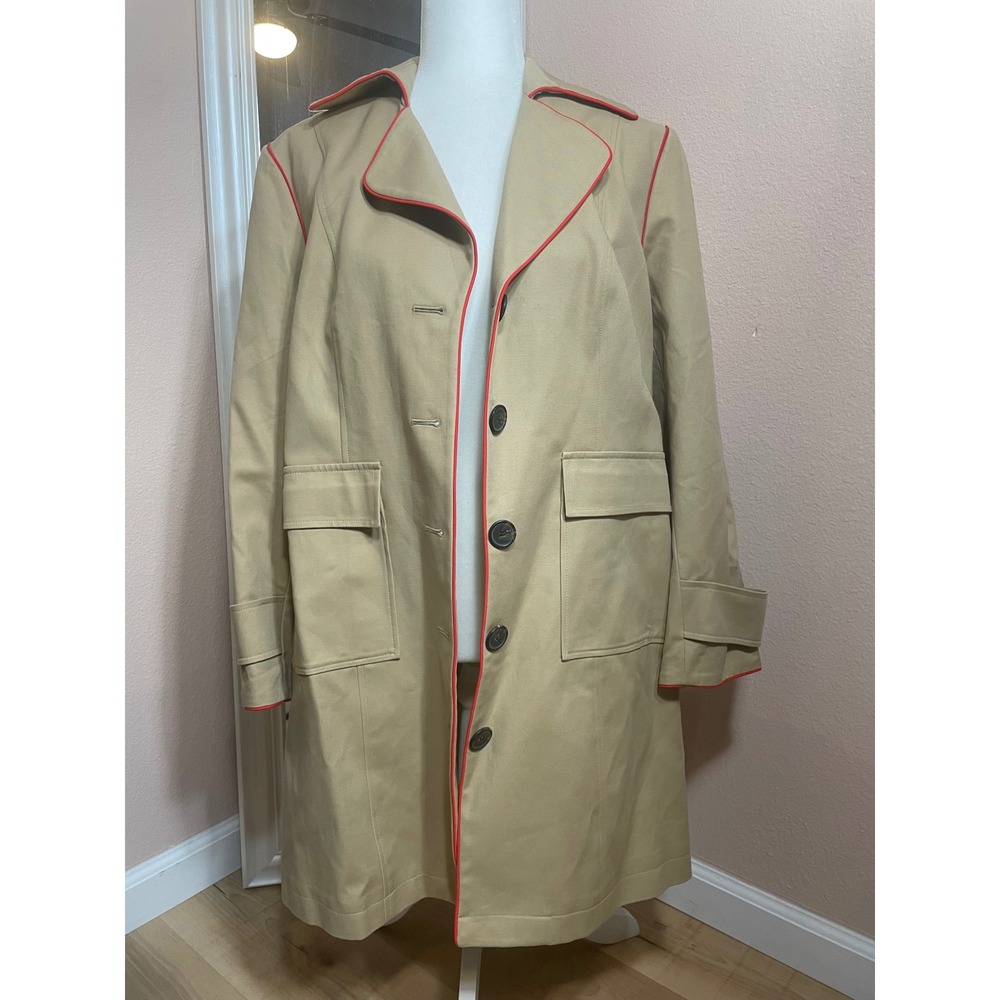 Coldwater Creek Tan Khaki Trench Coat Orange Piping Petite Large‎ PL 14 V101372